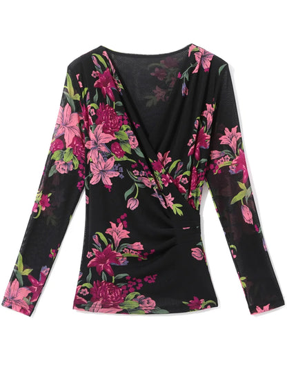 Women Long Sleeve T-Shirts Size M-3XL Printed Floral Mesh Tops Female Bottoming T Shirts Full Sleeve V-neck T-shirt