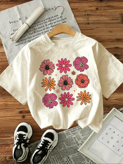 Women's Casual Short Sleeve Crew Neck T-Shirt Vibrant Floral Print with Flowers on Soft Fabric for Summer Fashion Ladies TShirts