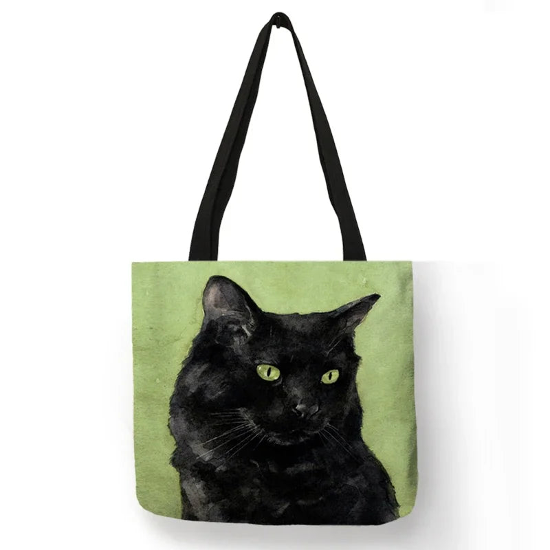 Black Cat Print Animal Art Painting Shopping Hand Bag Women Shoulder Bag Eco Large Graphic Tote Shopper Bag  for Boutique