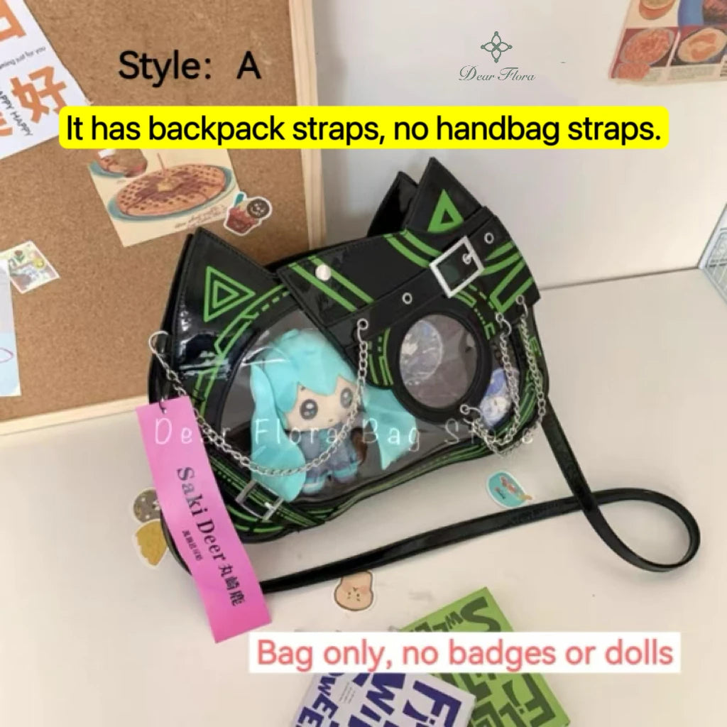 Y2K Kawaii Cat Ita Bag Cute PU Backpack Girls Transparent Pocket Harajuku Crossbody Bag Women's Fashion DIY Display Shoulder Bag