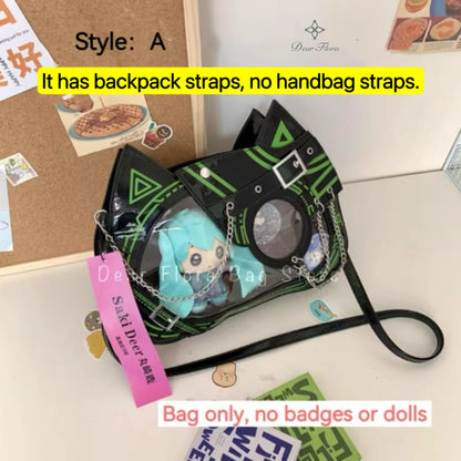 Y2K Kawaii Cat Ita Bag Cute PU Backpack Girls Transparent Pocket Harajuku Crossbody Bag Women's Fashion DIY Display Shoulder Bag