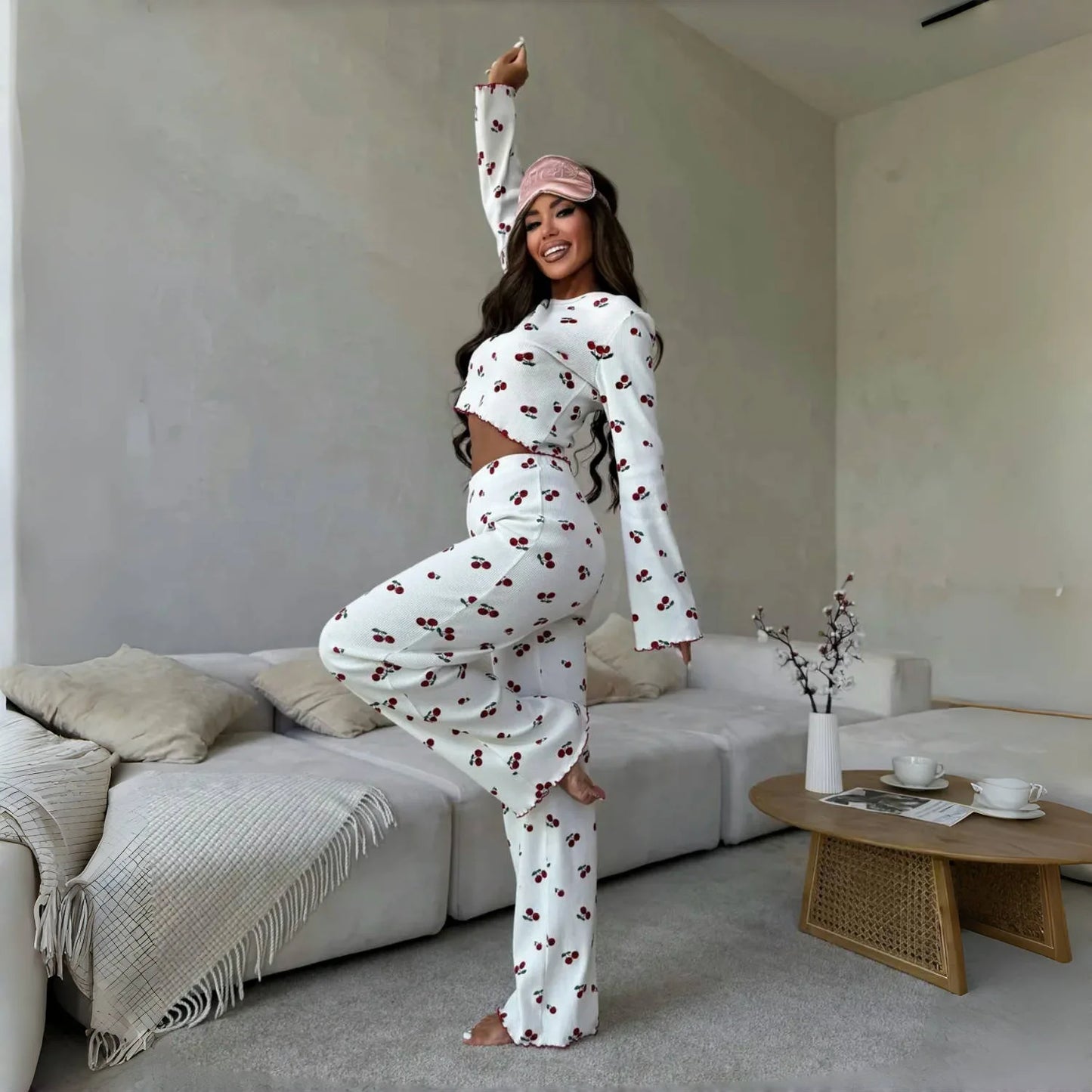Lace Trim Women Pajama Set Short Sleeve Front Button Top & Full-Length Pants Cherry Print 2 Pieces Sleepwear Nightwear Homewear