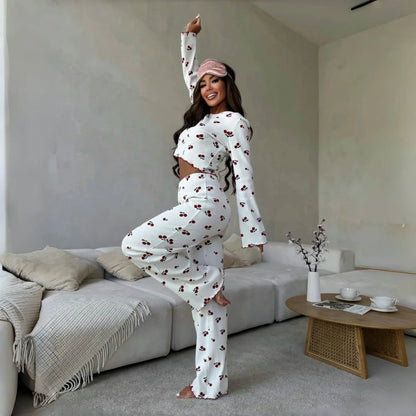 Lace Trim Women Pajama Set Short Sleeve Front Button Top & Full-Length Pants Cherry Print 2 Pieces Sleepwear Nightwear Homewear