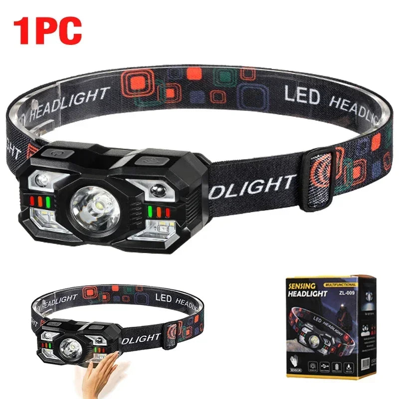 Smart IR Motion Sensor Headlamp Type-C USB Rechargeable Headlight Warning Light Waterproof Head Lamp Induction Head Flashlight