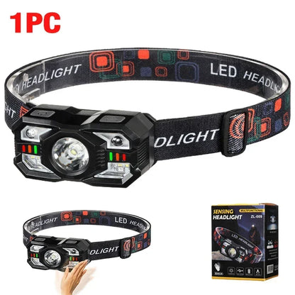 Smart IR Motion Sensor Headlamp Type-C USB Rechargeable Headlight Warning Light Waterproof Head Lamp Induction Head Flashlight