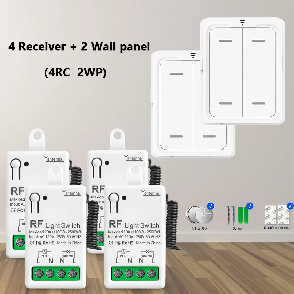 RF 433Mhz Wireless Light Switch 10A Mini Relay Receiver 1/2/4 Gang wall Panel Remote Control Interruptor For LED Lamp 110V 220V