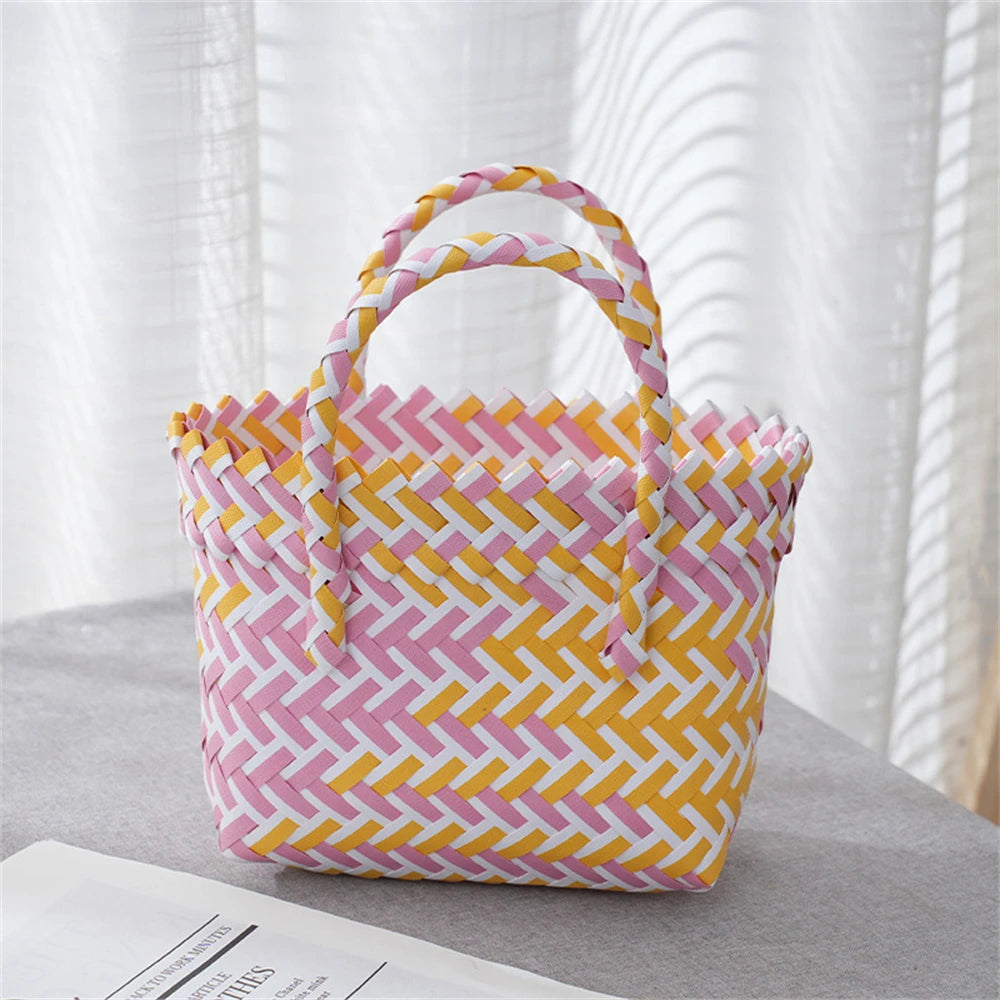 Summer Trend Hand Woven Handbag Square Little Basket 2025 New Straw Cute Colorful Bags Hundred Collision Color Holiday Beach Bag