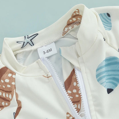 Toddler Boys Rash Guard Swimsuit Playsuits Seashell Print Zipper Short Sleeve Sun Protection Bathing Suit with Swim Cap