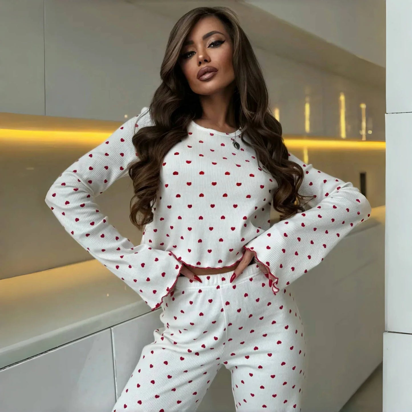 Lace Trim Women Pajama Set Short Sleeve Front Button Top & Full-Length Pants Cherry Print 2 Pieces Sleepwear Nightwear Homewear