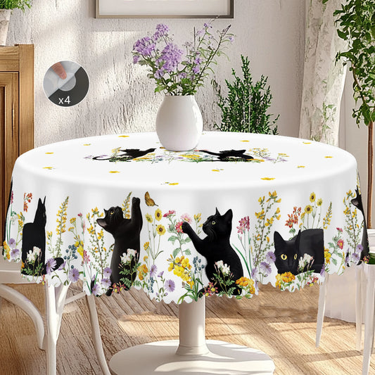 1 Piece of Kitten Themed Printed Tablecloth, Country Farmhouse Style, Black Kitten, Flower Pattern Design, Multiple Sizes Available, Suitable for Spring and Summer, Garden Party during Holiday, Camping Style Decoration, Kitch