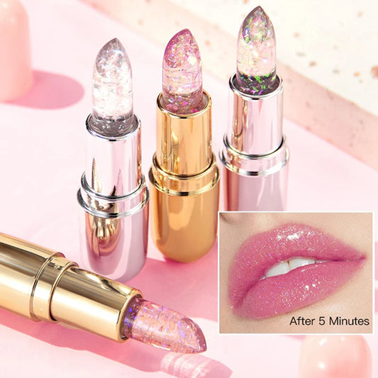 Soft Jelly Lipstick Color Changing Glossy Hydrating Moisturizing Glitter Lip Stick Sparkling Sequins Turning Red Shade Lip Balm