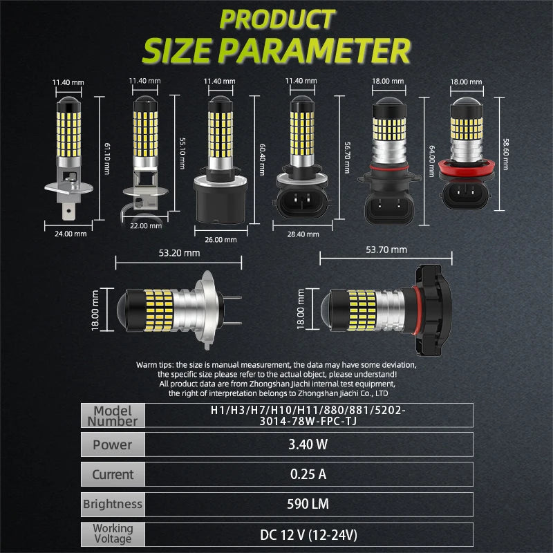 Jiachi 2PCS H1 H3 Replacement Bulb H7 H10 880 881 5202 Led Auto Fog Lamp 3014 78 Chip Daytime Running Light 6000K White 12-24V