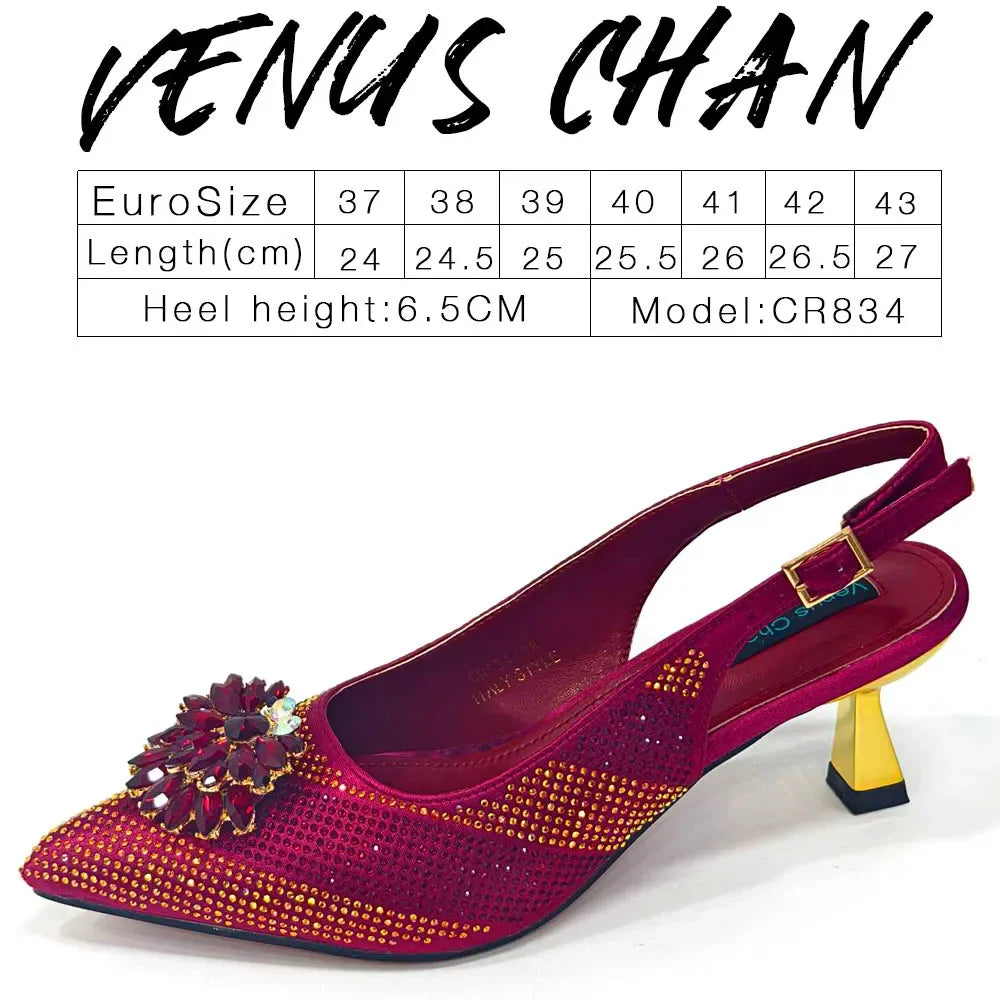 Venus Chan 2024 Green Rhinestone High Heels Pointed Toe Mixed Color Sexy Ladies Shoes With Clutch Bag Set For Luxury Party