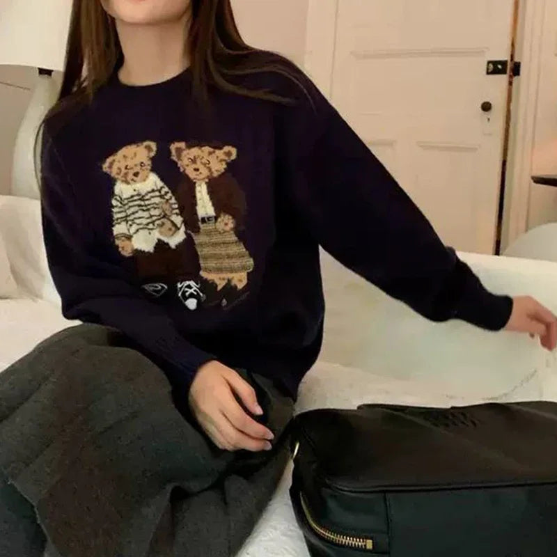 Sweater cartoon small bag core yarn needle retro women's  loose round neck knitted sweater new print black