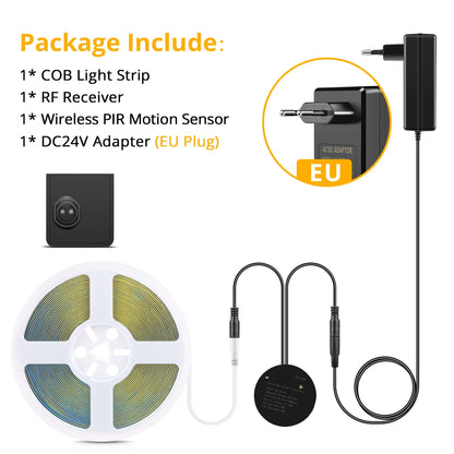 Room Entrance Auto On Off LED Lights RF Receiver + Movable Wireless PIR Motion Sensor COB LED Strip DC24V Indoor Bed Night Lamp