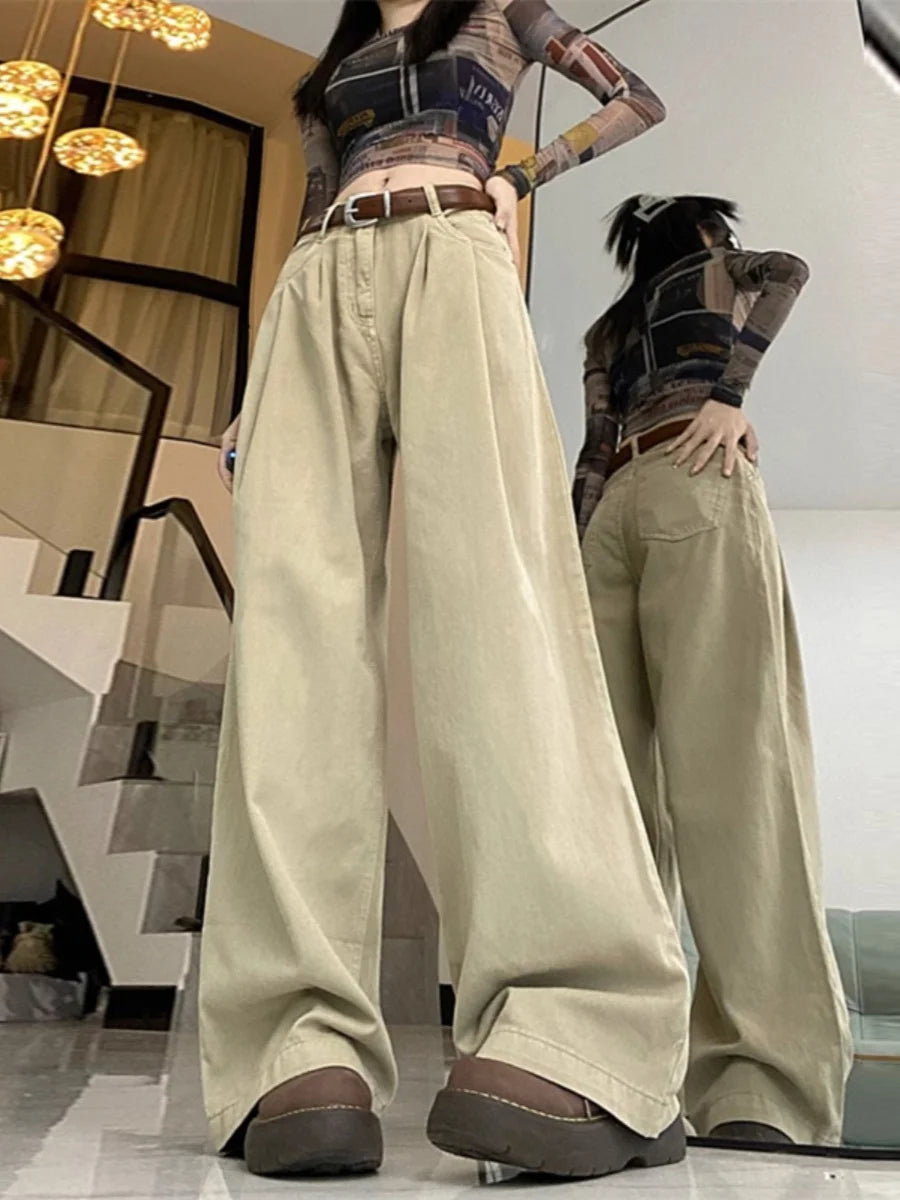 Khaki High Waist Straight Leg Wide Leg Pants Loose Slimming Workwear Casual Pants Spring Autumn Long Pants Retro Women Pants