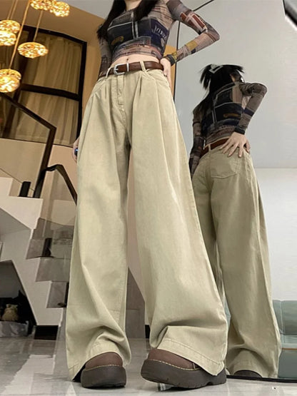 Khaki High Waist Straight Leg Wide Leg Pants Loose Slimming Workwear Casual Pants Spring Autumn Long Pants Retro Women Pants