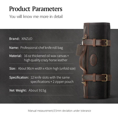 XINZUO Thickened Canvas Foldable Chef Roll Bag Kitchen Knife Bags Cooking Portable Durable Knife Storage Pockets Carry Case