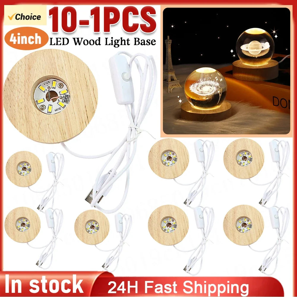 10-1PCS Handmade LED Wood Display Base USB Round Wooden Night Lamp Base Bedroom Resin Ornament Stand DIY Night Light