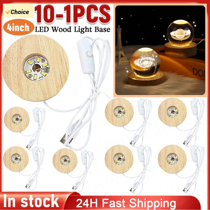 10-1PCS Handmade LED Wood Display Base USB Round Wooden Night Lamp Base Bedroom Resin Ornament Stand DIY Night Light