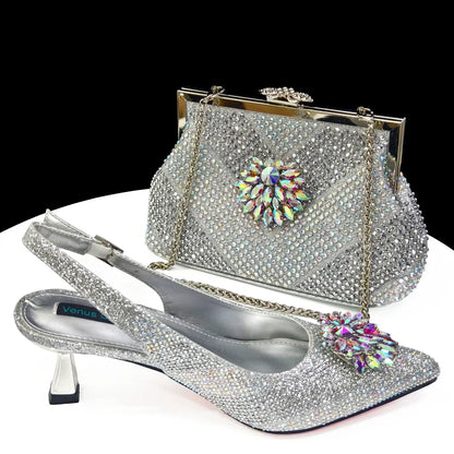 Venus Chan 2024 Green Rhinestone High Heels Pointed Toe Mixed Color Sexy Ladies Shoes With Clutch Bag Set For Luxury Party