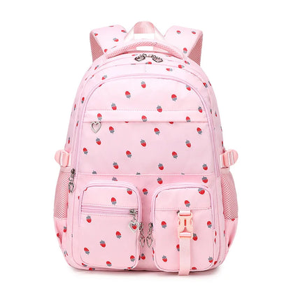Waterproof Schoolbag Strawberry Print Large Capacity Backpack Shoulder Bag Bookbags Nylon Travel Student Daily Zipper School Bag