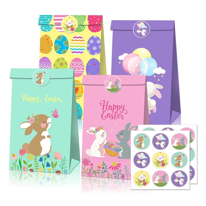 12pcs Happy Easter Party Gift Bags cartoon Egg Bunny Printed Paper candy Bag Easter Party Decoration Kids Gift Packaging Bag