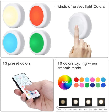 USB Rechargeable LED Puck Light Wireless RGBW Colors Night Light With Remote Control For Bed Room Closet Kitchen