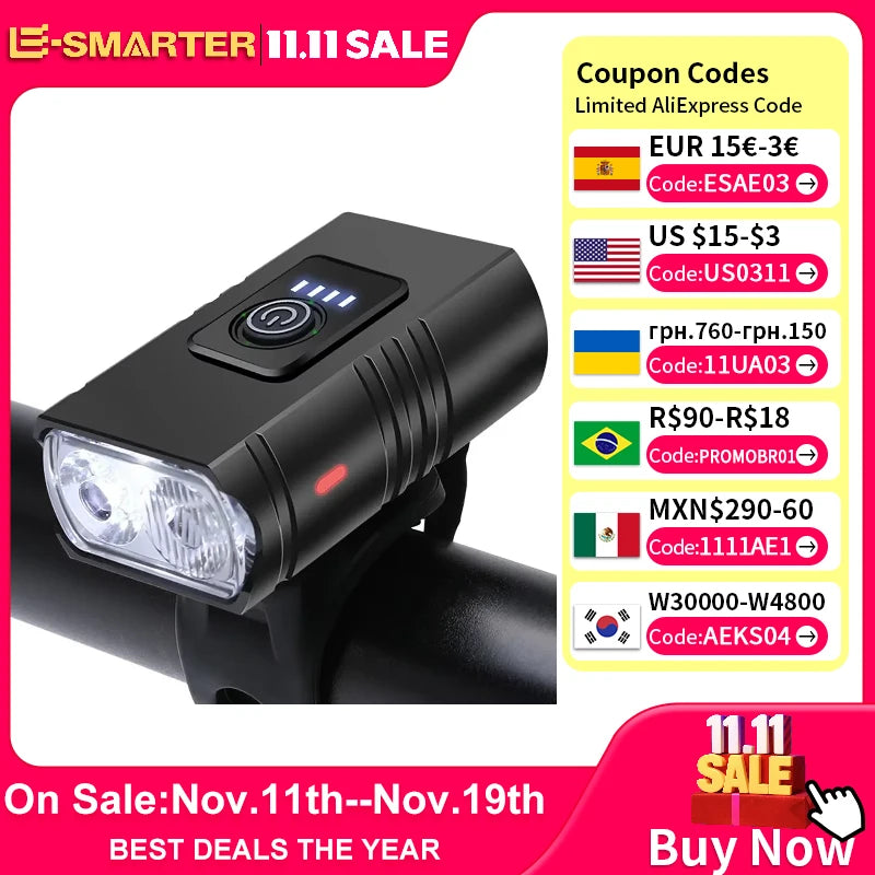 USB Rechargeable T6 LED Bike Light 6 Modes Front MTB Bicycle Headlight Flashlight Cycling Lamp for Night Riding Safety