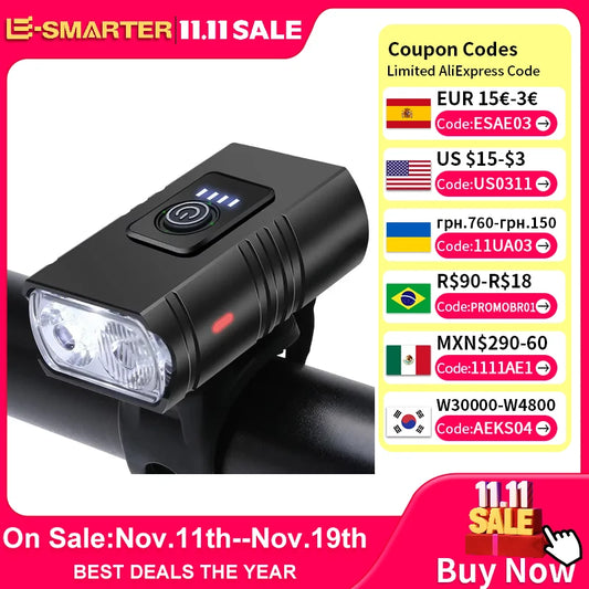 USB Rechargeable T6 LED Bike Light 6 Modes Front MTB Bicycle Headlight Flashlight Cycling Lamp for Night Riding Safety