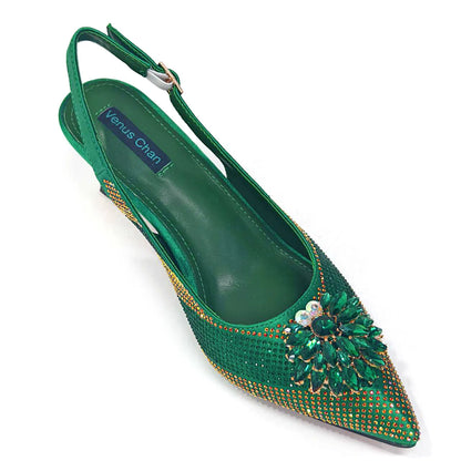 Venus Chan 2024 Green Rhinestone High Heels Pointed Toe Mixed Color Sexy Ladies Shoes With Clutch Bag Set For Luxury Party