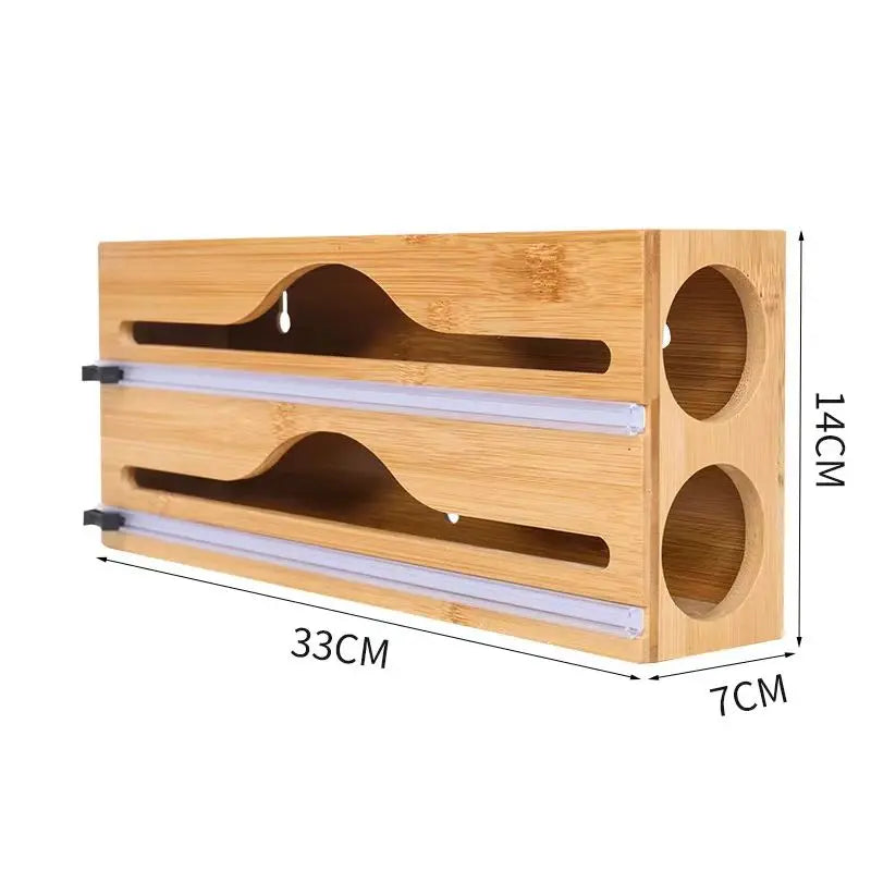 Wood Plastic Wrap Dispenser Kitchen Wall Mounted Storage Box Bake Paper Holder Trash Bag Organizer Cling Film Cutter Multi Layer