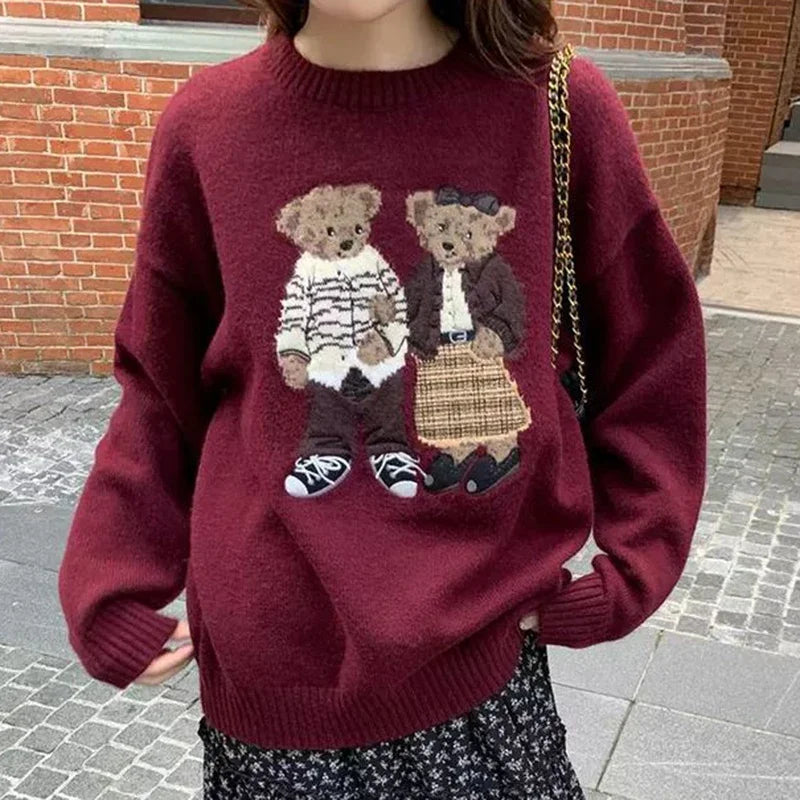 Sweater cartoon small bag core yarn needle retro women's  loose round neck knitted sweater new print black