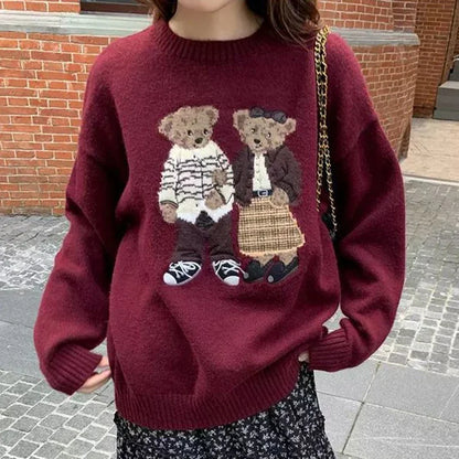 Sweater cartoon small bag core yarn needle retro women's  loose round neck knitted sweater new print black