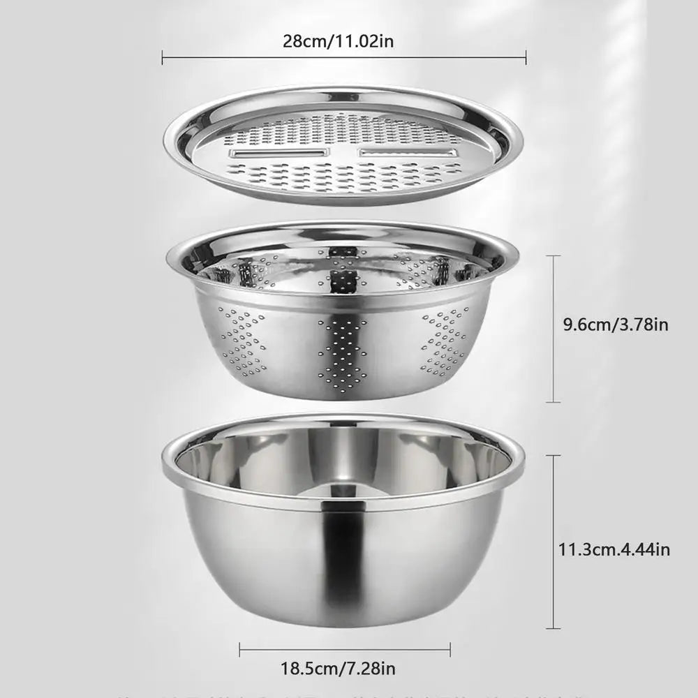 Stainless Steel Vegetable Slicer Grater 3in1 Colanders Basin Grater Bowl Drain Basket Kitchen Household Thickened Drainage Basin
