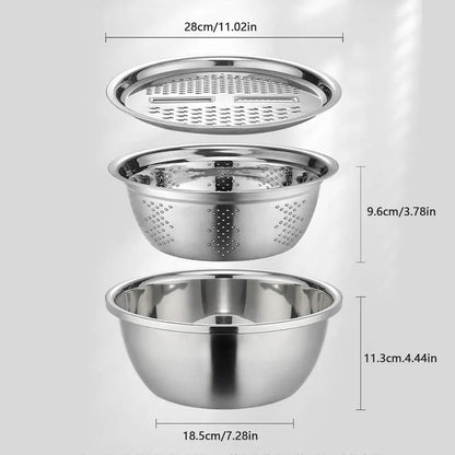 Stainless Steel Vegetable Slicer Grater 3in1 Colanders Basin Grater Bowl Drain Basket Kitchen Household Thickened Drainage Basin