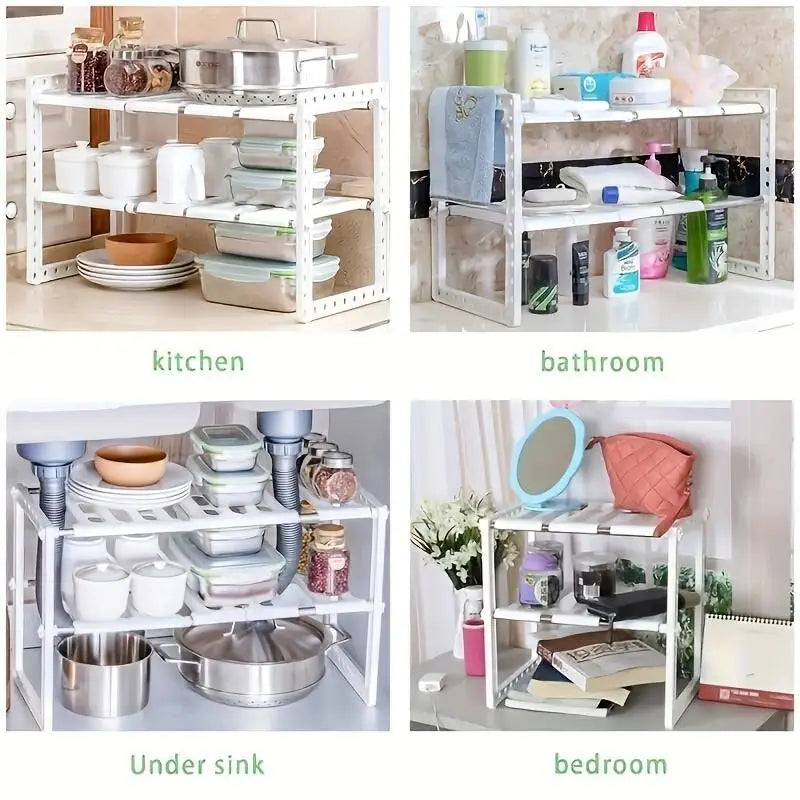 Stainless steel storage organizer shelf, kitchen double-layer storage shelf, retractable storage shelf, cabinet storage organize
