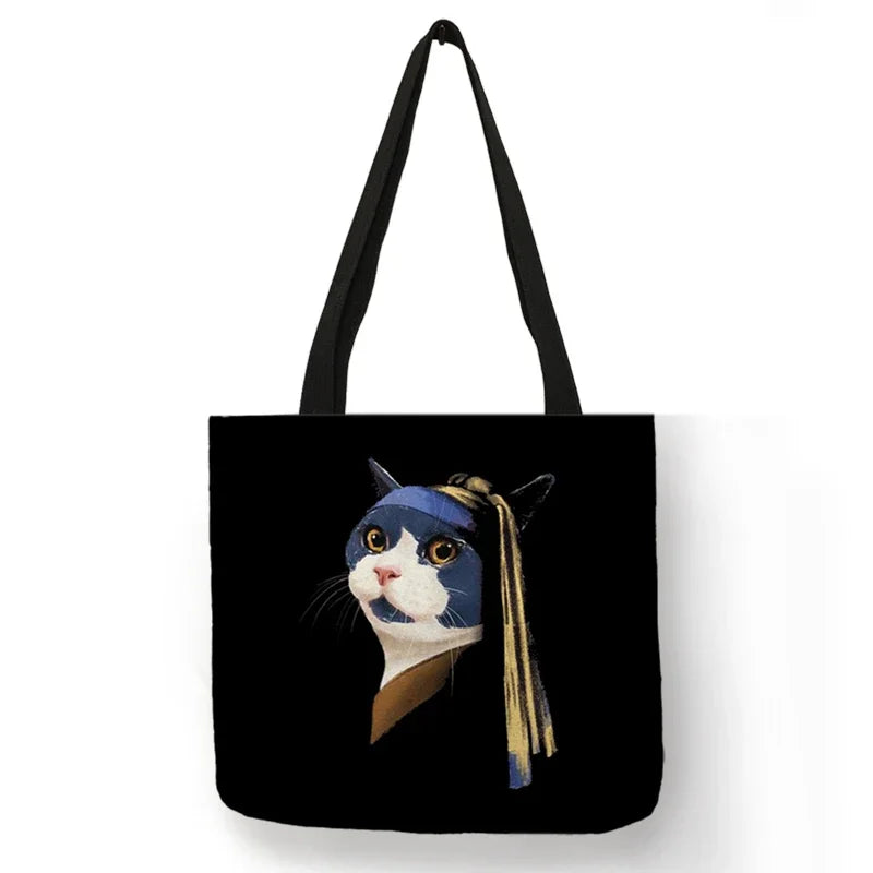 Black Cat Print Animal Art Painting Shopping Hand Bag Women Shoulder Bag Eco Large Graphic Tote Shopper Bag  for Boutique