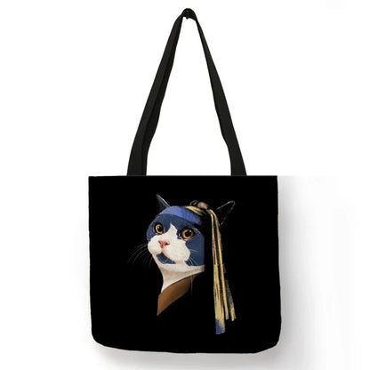 Black Cat Print Animal Art Painting Shopping Hand Bag Women Shoulder Bag Eco Large Graphic Tote Shopper Bag  for Boutique