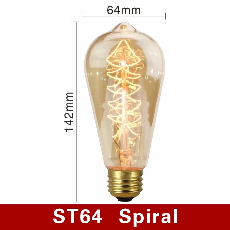 40W Retro Edison Bulb E27 220V Light Bulb A60 ST58 ST64 T10 T45 T185 G80 G95 Filament Vintage Ampoule Incandescent Spiral Lamp
