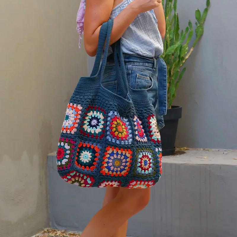 Vintage Crochet Granny Shoulder Tote Bag Women Boho Chic Hippie Handbags Knitted Handmade Woven Big Shopper Purses Cute