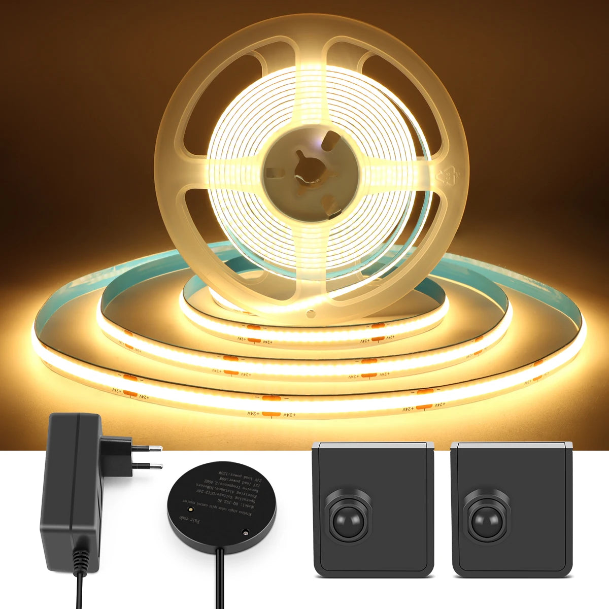 Room Entrance Auto On Off LED Lights RF Receiver + Movable Wireless PIR Motion Sensor COB LED Strip DC24V Indoor Bed Night Lamp