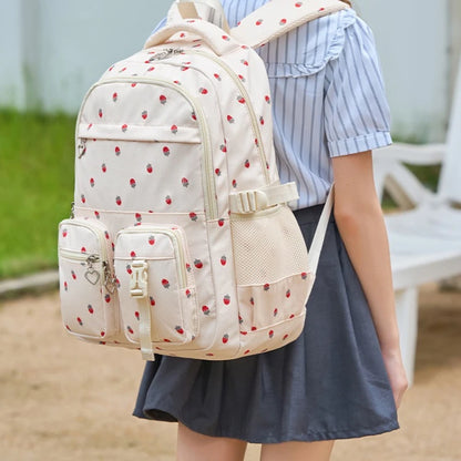Waterproof Schoolbag Strawberry Print Large Capacity Backpack Shoulder Bag Bookbags Nylon Travel Student Daily Zipper School Bag