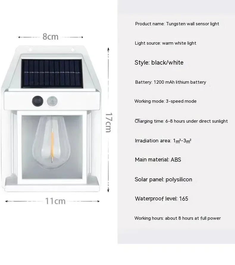 Solar Tungsten Filament Wall Lamp Outdoor Motion Sensor 3 Modes Automatic Lighting Lantern Garden Courtyard Garage Night Lights