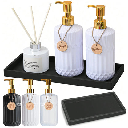 Soap Dispenser Rhombus Lotion Bottle Bathroom and Kitchen Sink Dish Soap Hands Soap Shampoo Container with Silicone Tray Tags