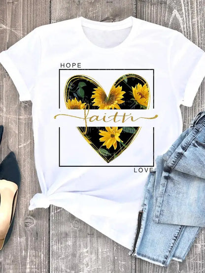 Summer Clothing leopard love heart sweet Fashion Women Tee T-shirts Casual Short Sleeve Regular Female Graphic T Shirt Clothes