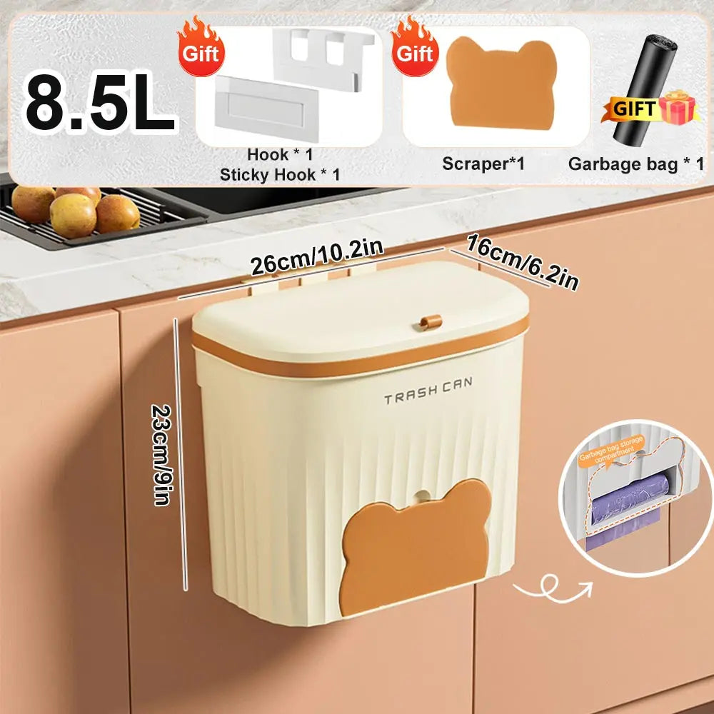 8.5/12L Hanging Trash Can For Kitchen Cabinet Door Wall Mounted Bathroom Wastebasket Toilet Trash Bin with Lid Garbage bag
