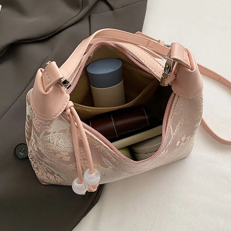 4 Colors Embroidered Chinese Style Handbag Zipper Canvas Pea Purses Adjustable Luxury Cheongsam Bag Work