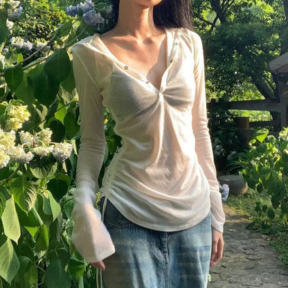 Sexy See Through Hooded Tops Women Casual Long Sleeve Thin Long Sleeve T-Shirt Female Streetwear Y2K Sun Protection White Tees