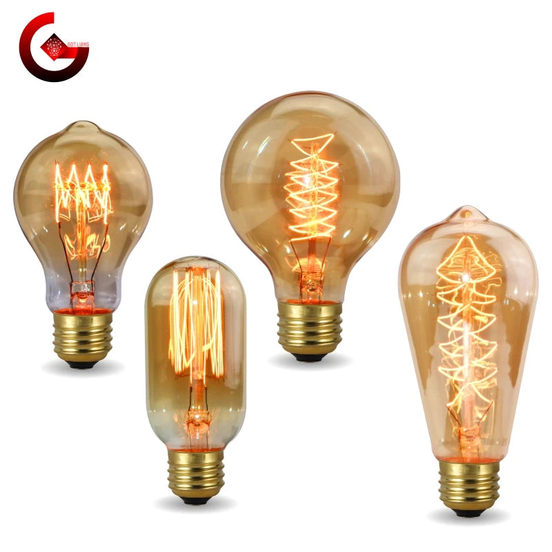 40W Retro Edison Bulb E27 220V Light Bulb A60 ST58 ST64 T10 T45 T185 G80 G95 Filament Vintage Ampoule Incandescent Spiral Lamp